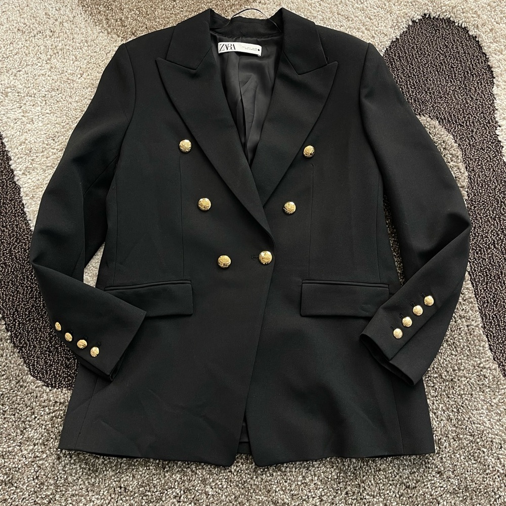 ZARA DOUBLE BREASTED BLACK BLAZER WITH GOLD BUTTONS